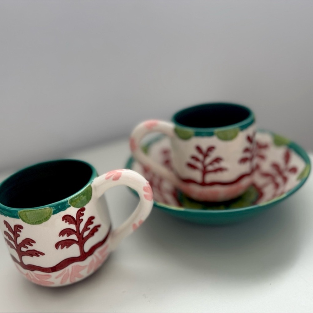 Anthropologie Agata 2 Mugs & Bowl In Green New Colorful Ceramic Set